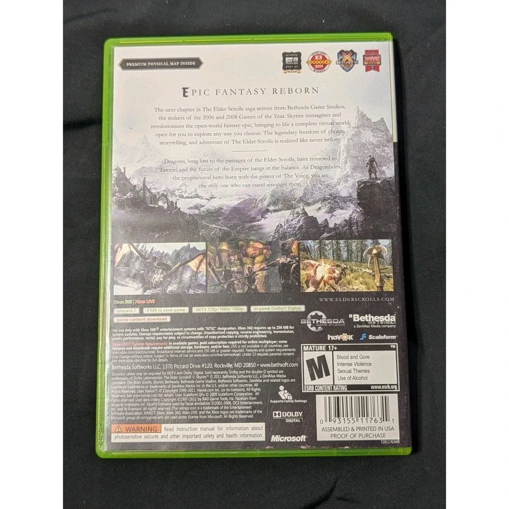 Skyrim Xbox 360 Game RPG Bethesda Complete CIB Includes World Map Tested